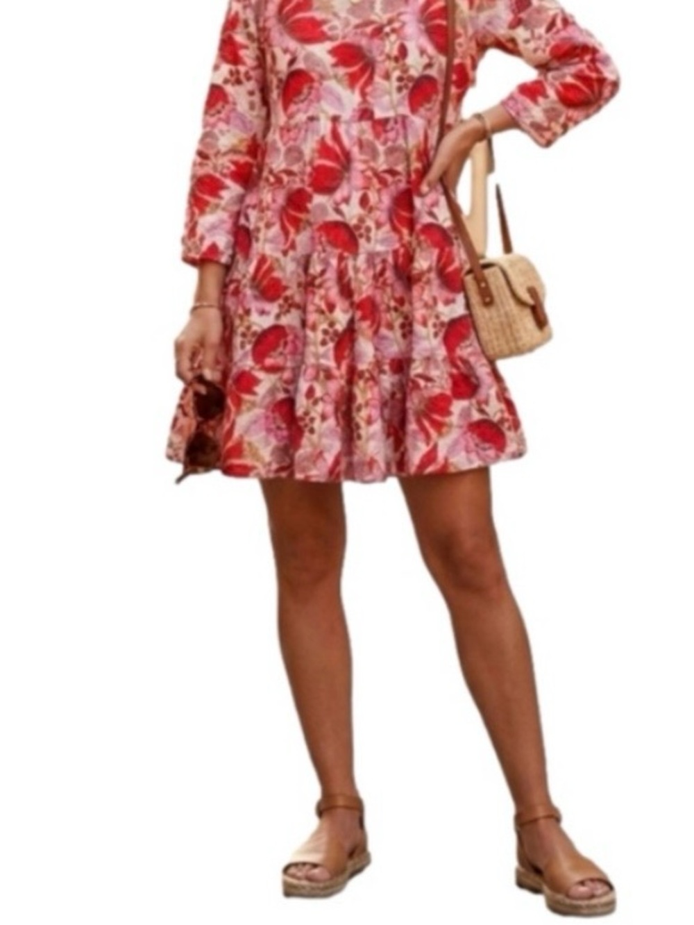 Zara Pink & Red Floral Babydoll Tiered Midi Dress